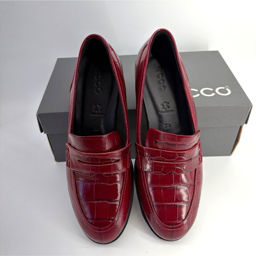 ECCO Crocodile Embossed Penny Loafers Chunky Heel Red Leather Women Size 38 - Picture 4 of 8
